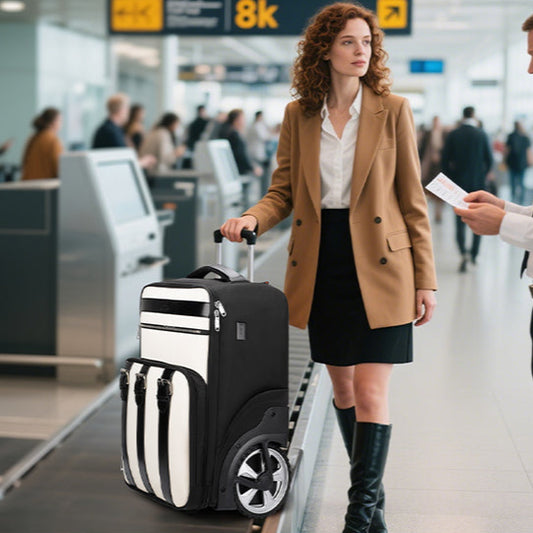 Woman with a large suitcase at an airport, accompanied by a cabin crew member, with text indicating the suitcase exceeds carry-on size requirements.