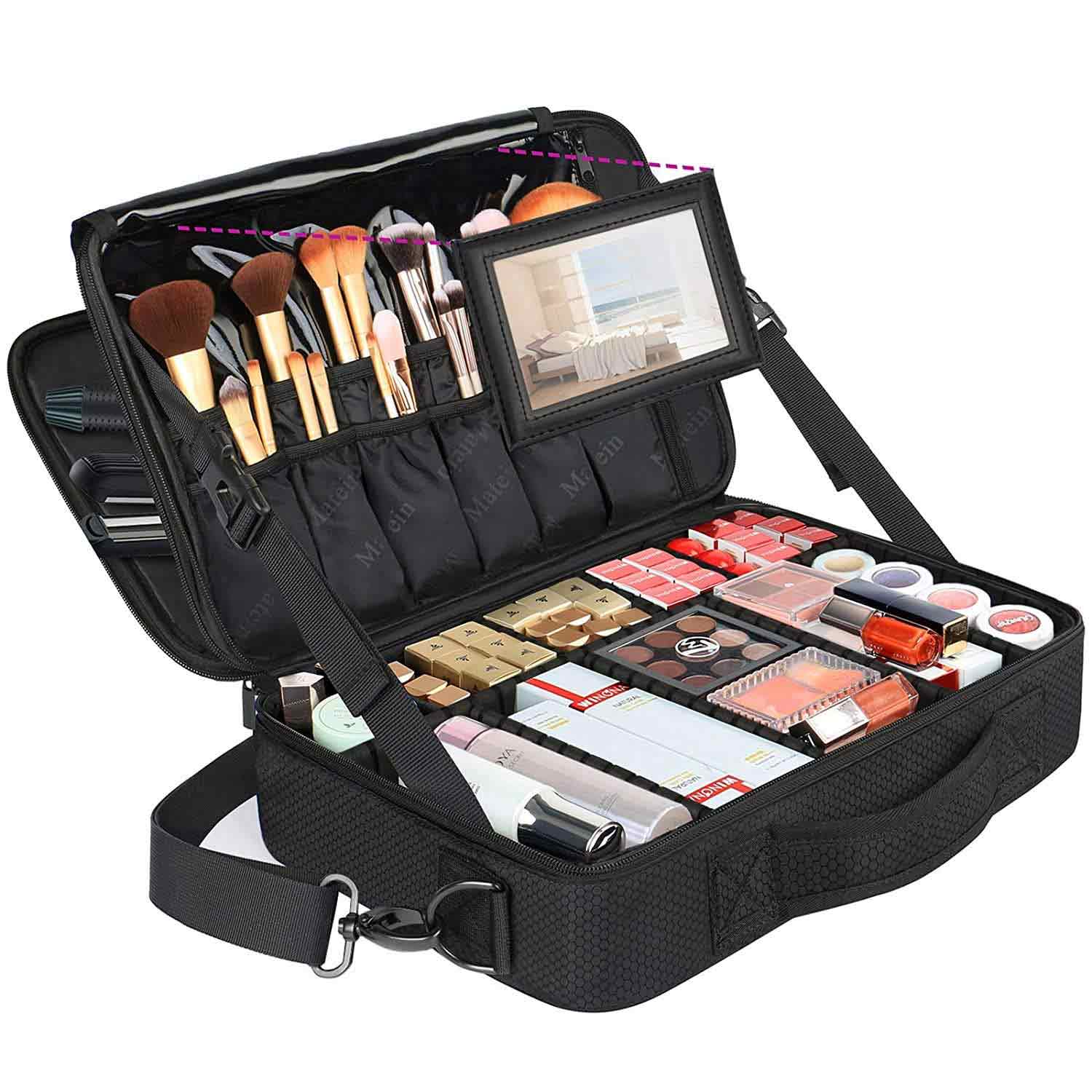 Makeup bag and Jewelry Bag for Women, Travel Make Up Bag Organizer with  Compartments Portable Waterproof Makeup Case(Black, Large) 