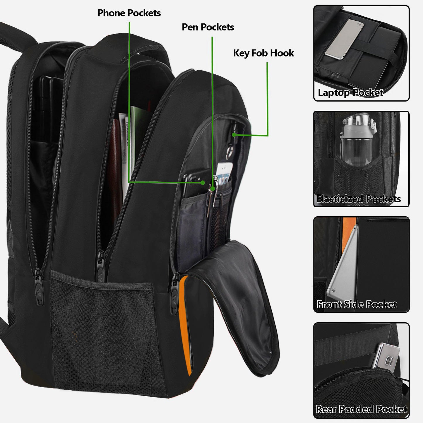 Black Organge Mlassic Laptop Travel Backpack