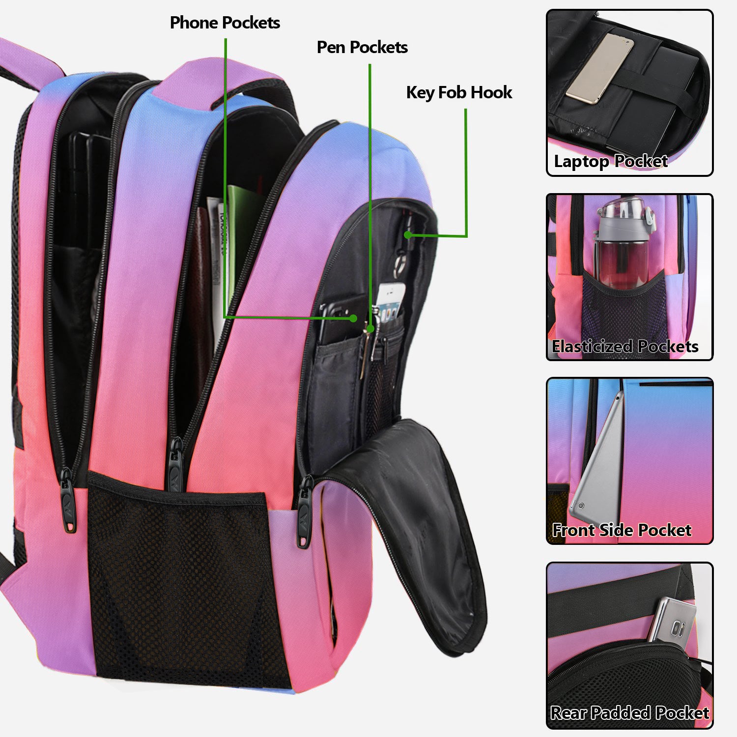 backpack laptop green pink tie die Tie-dye Mlassic Laptop Travel Backpack