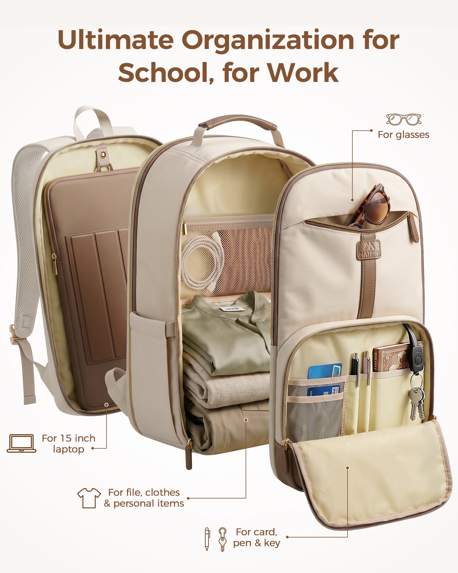 15 inche laptop backpack for women CLUCI Leather 15.6 inch Computer Backpack Stylish Travel Backpack Purse for Women Work Daypack Bag, Off-white With Brown (L) 14.5 x (W) 4.33 x (H) 16.53 Laptop Backpack 15 -17 Inch