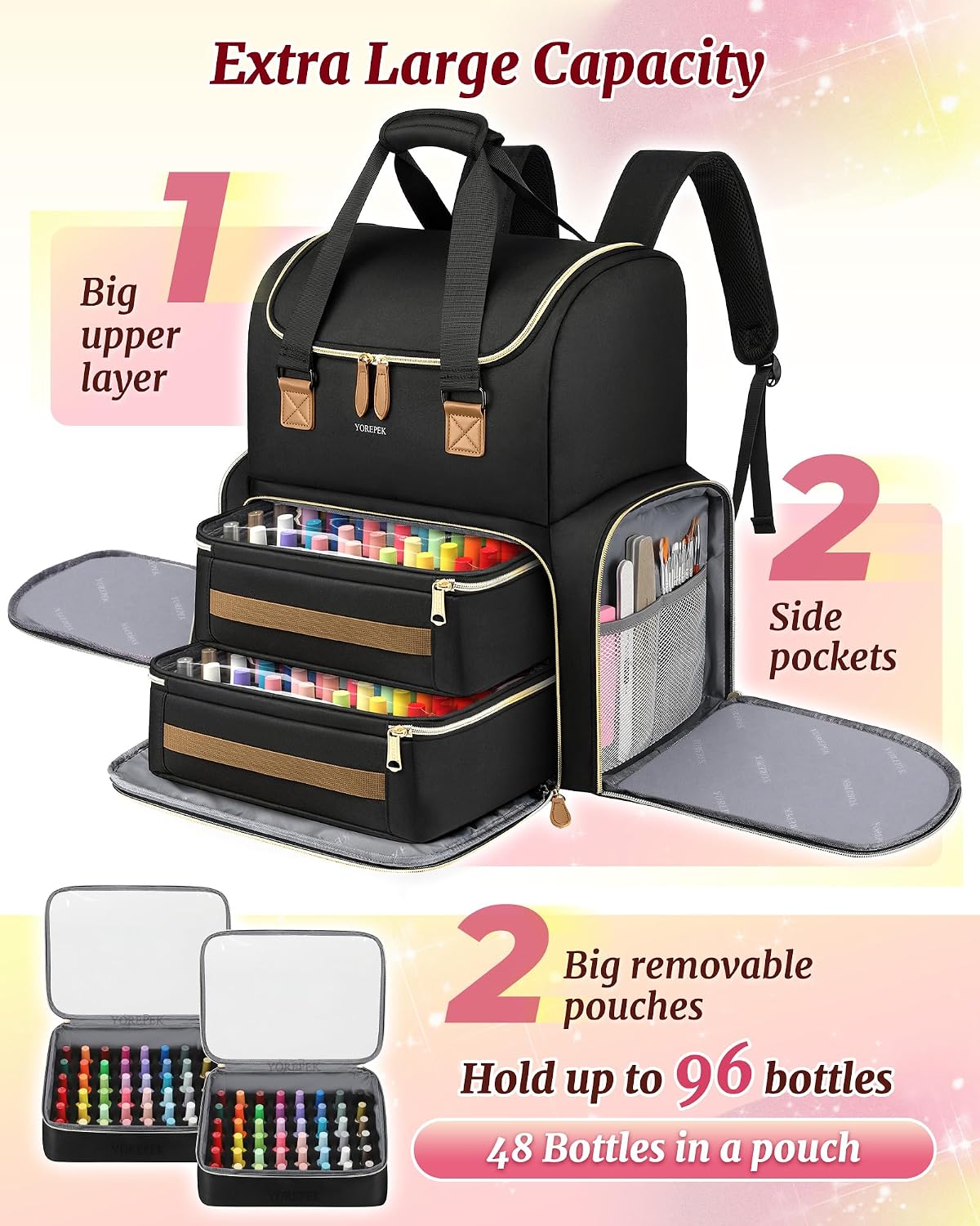 YOREPEK Large Nail Polish Organizer Case Backpack Holds 96 to 100+ Bottles