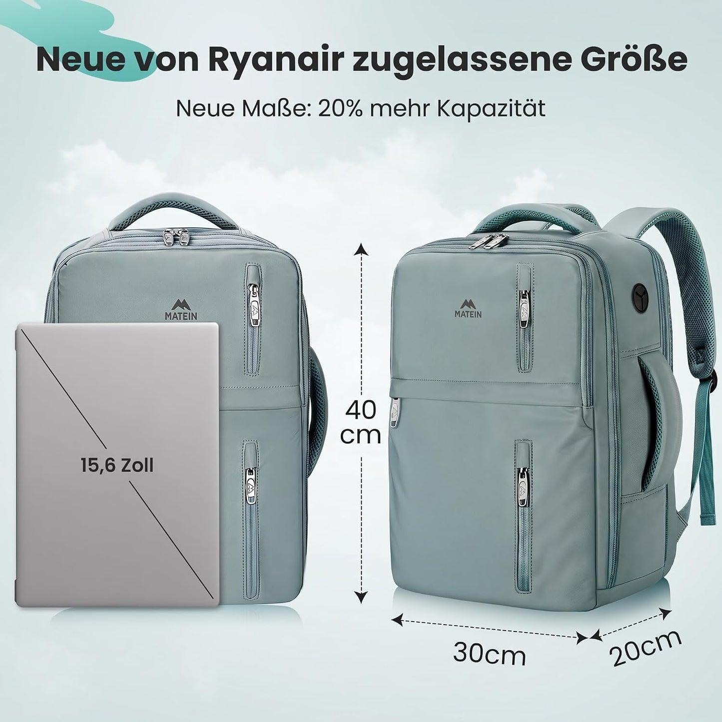 MATEIN Ryanair Handgepäck 40x30x20 mit Nassfach, Cityrucksack Handtasche