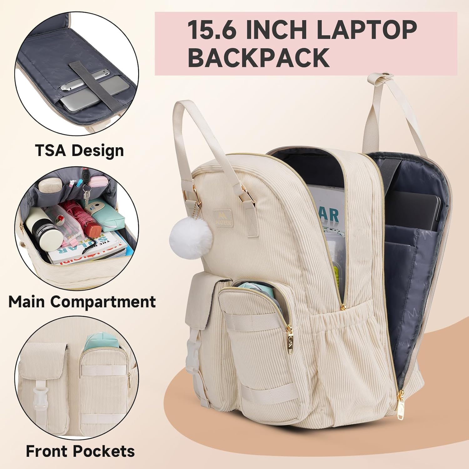 backpack for headphones laptops ipads phones books cords MATEIN School Backpack for Girls, 15.6 Inch Cute College Backpack Corduroy Computer Bookbag with USB Charging Port