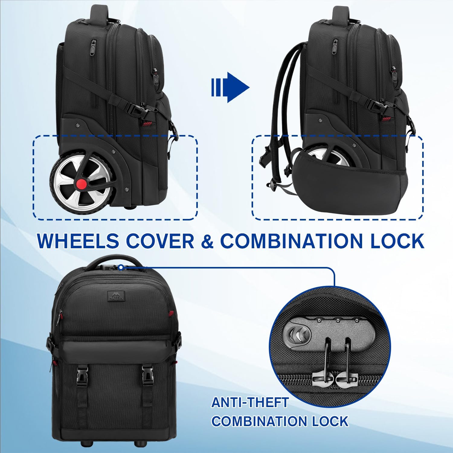 17.3 laptop rolling backpack MATEIN Rolling Backpack with Combination Lock, 17 Inch Large Wheeled Backpack with USB Charging Port