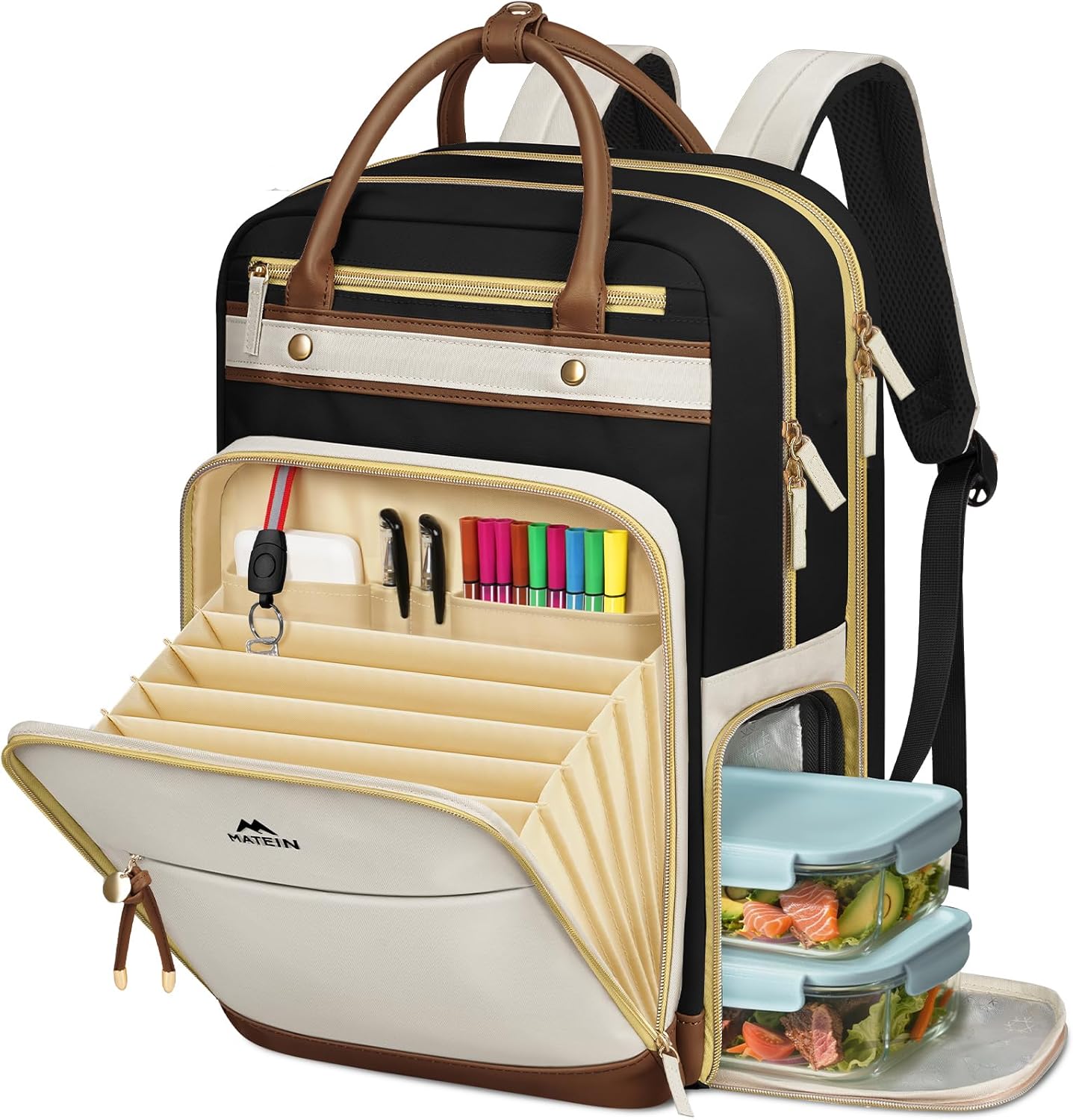 best teacher laptop backpack Teacher Backpack with Lunch Compartment, Black & Beige / 15.6''