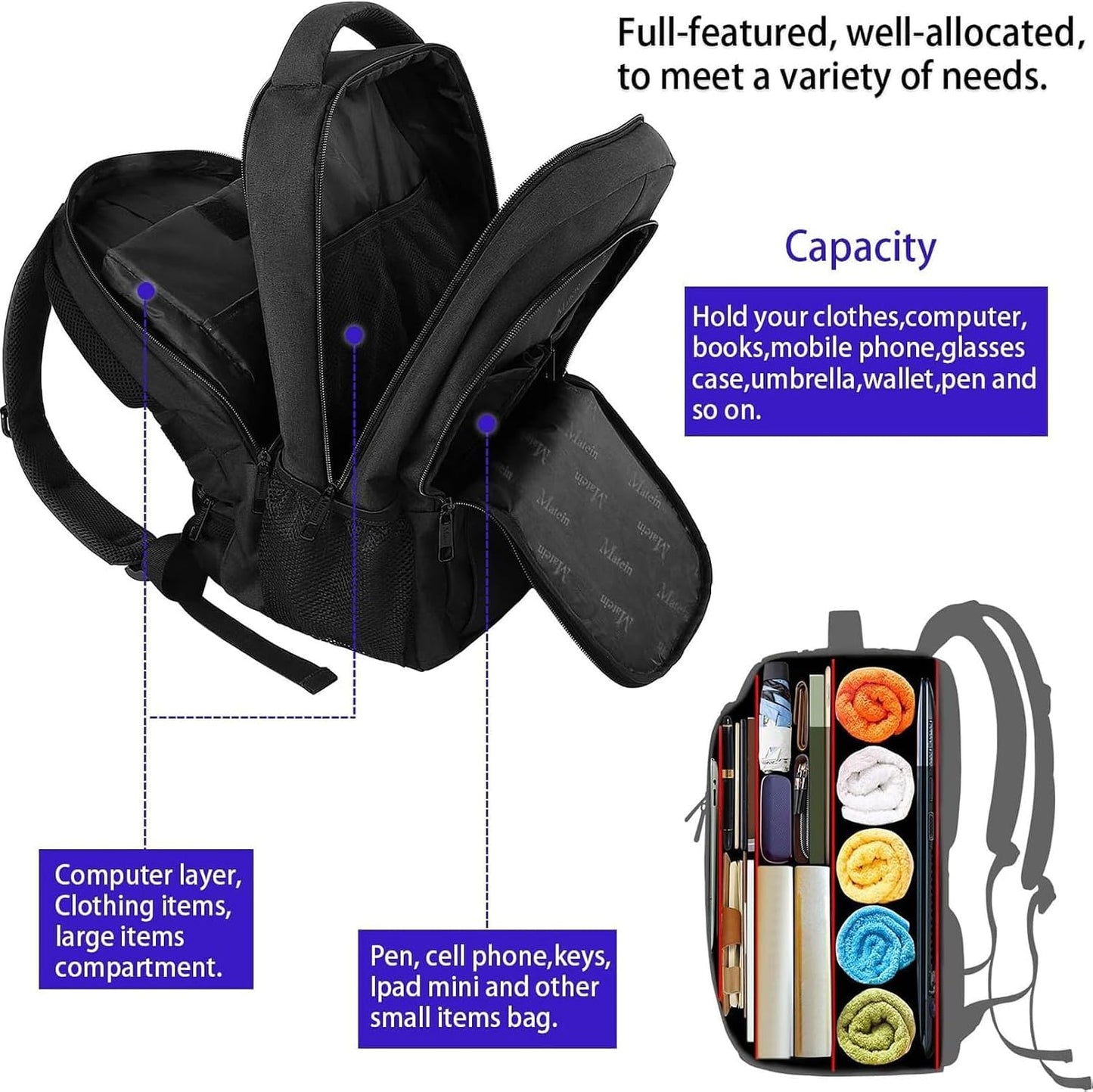 MATEIN Mochila Portatil Hombre Impermeable, Mochila Ordenador Portatil 15.6