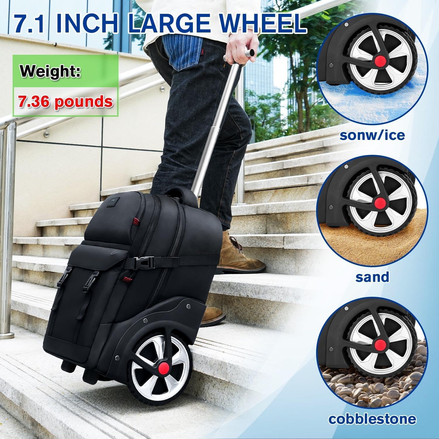 2pole-handle laptop backpack with large wheels backpack-style MATEIN Rolling Backpack with Combination Lock, 17 Inch Large Wheeled Backpack with USB Charging Port