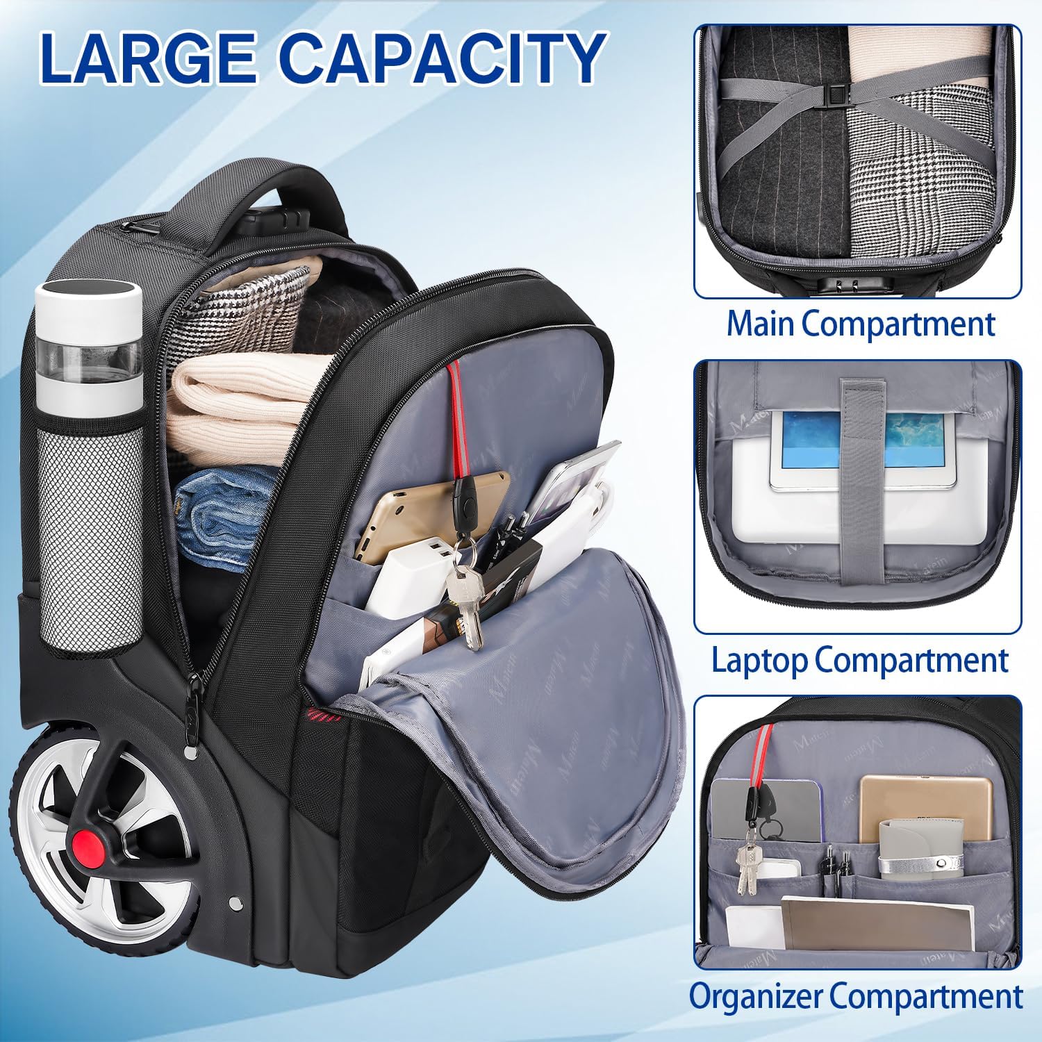 best laptop roller backpack MATEIN Rolling Backpack with Combination Lock, 17 Inch Large Wheeled Backpack with USB Charging Port