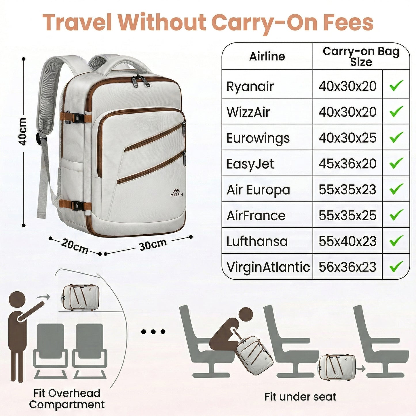 Travel Backpack Cabin Size with Lockable Zipper