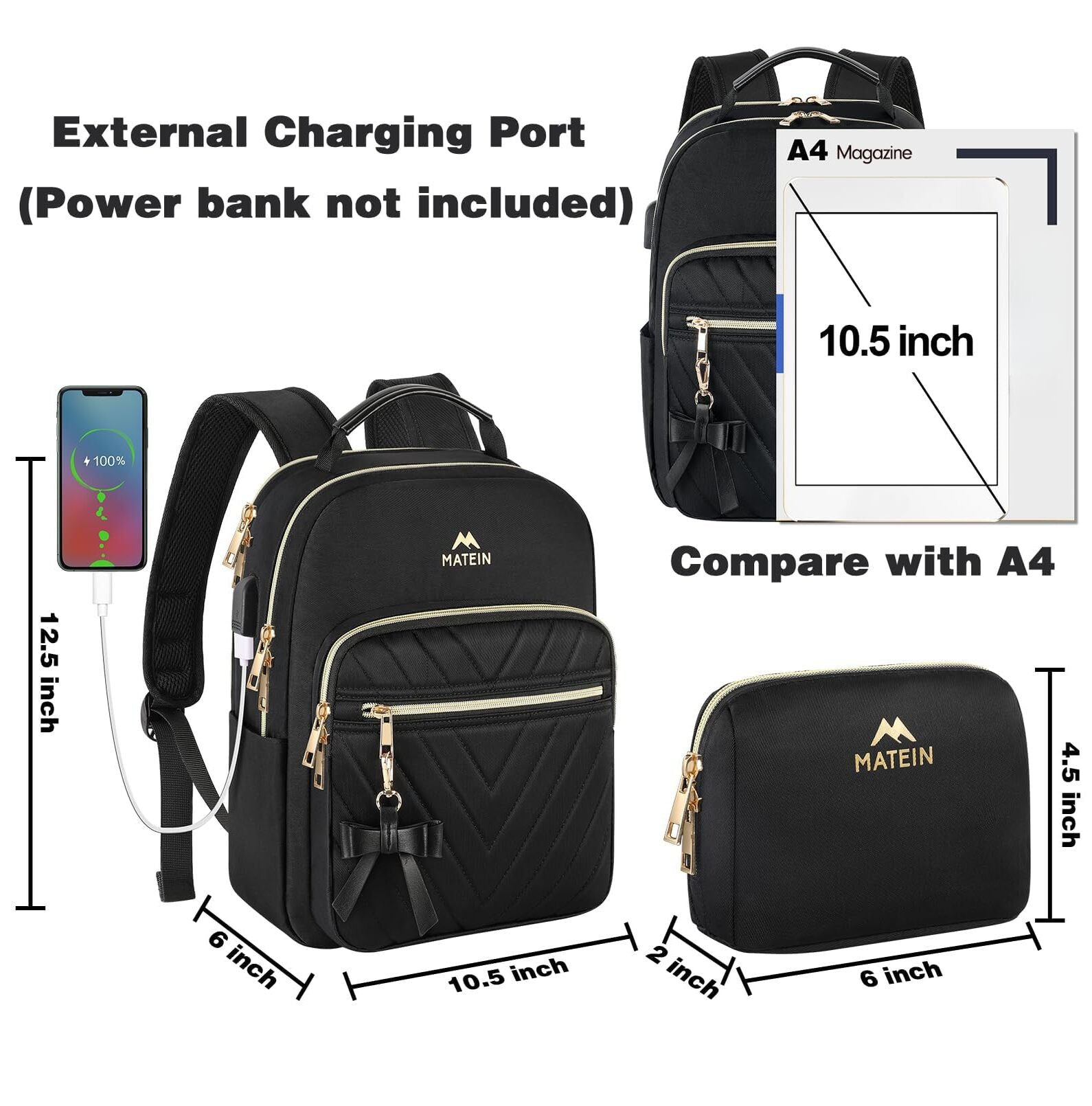 MATEIN 2Pcs Women Waterproof Mini Backpack with USB Port, Black