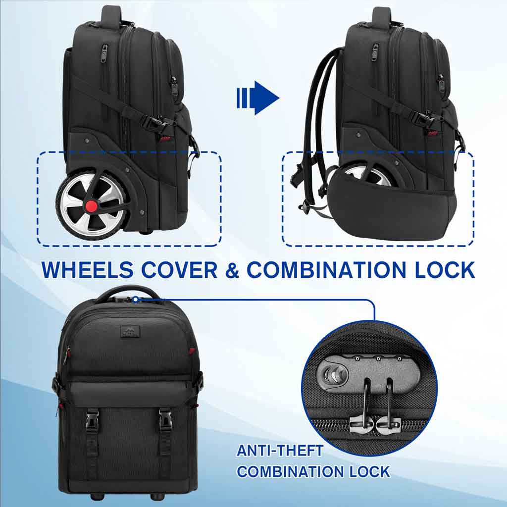 MATEIN Rolling Backpack with Combination Lock, 17 Inch Large Wheeled ...