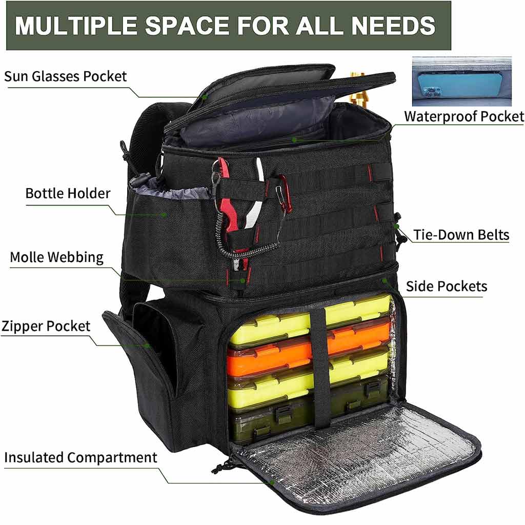 Matein Fishing Tackle Backpack with Cooler, MATEIN Large Fishing Bag with Rod  Holders for 4 Trays(Trays Not included), Saltwater Resist