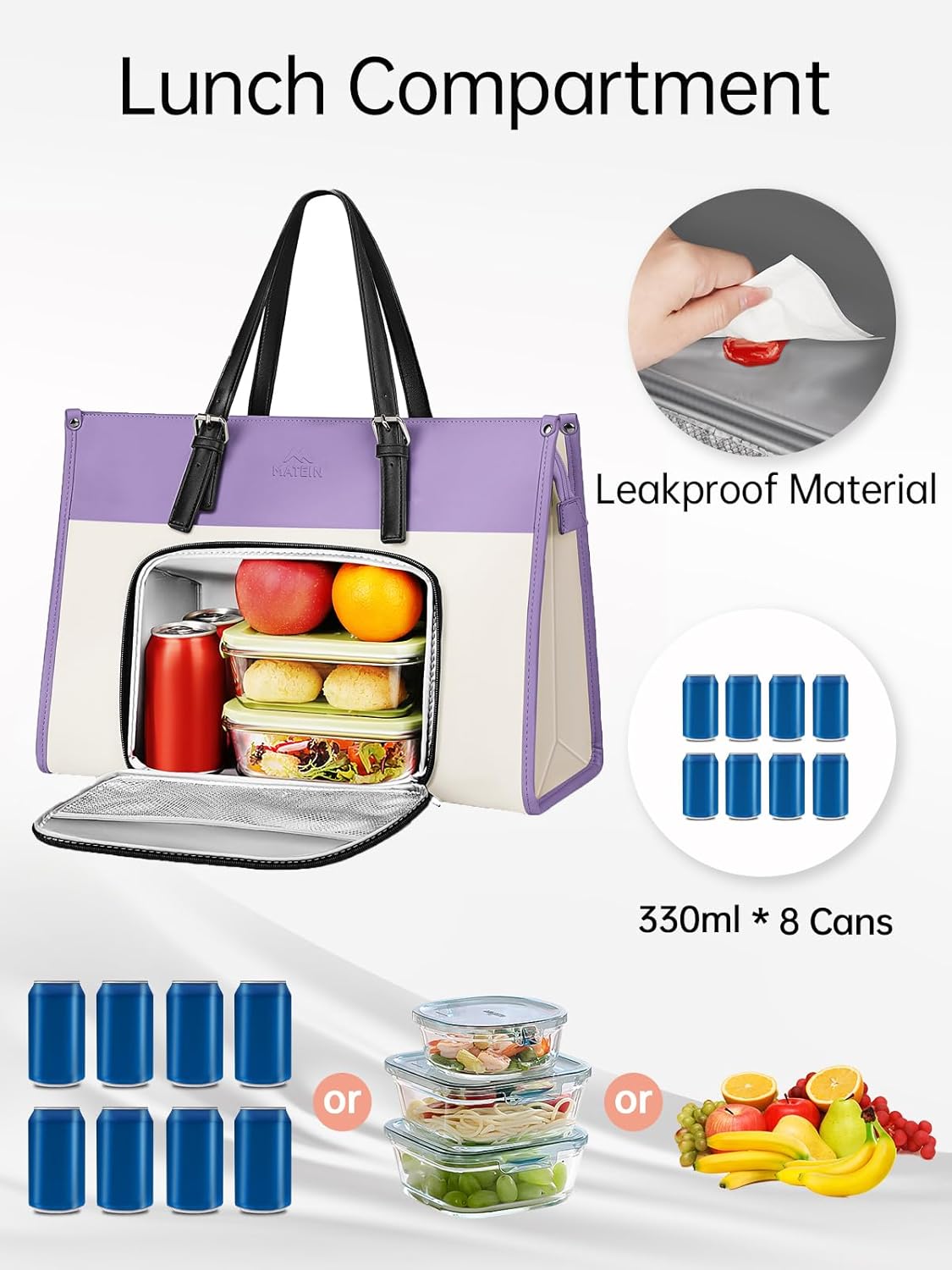 Tote Bag with Lunch Box Compartment, Light Purple