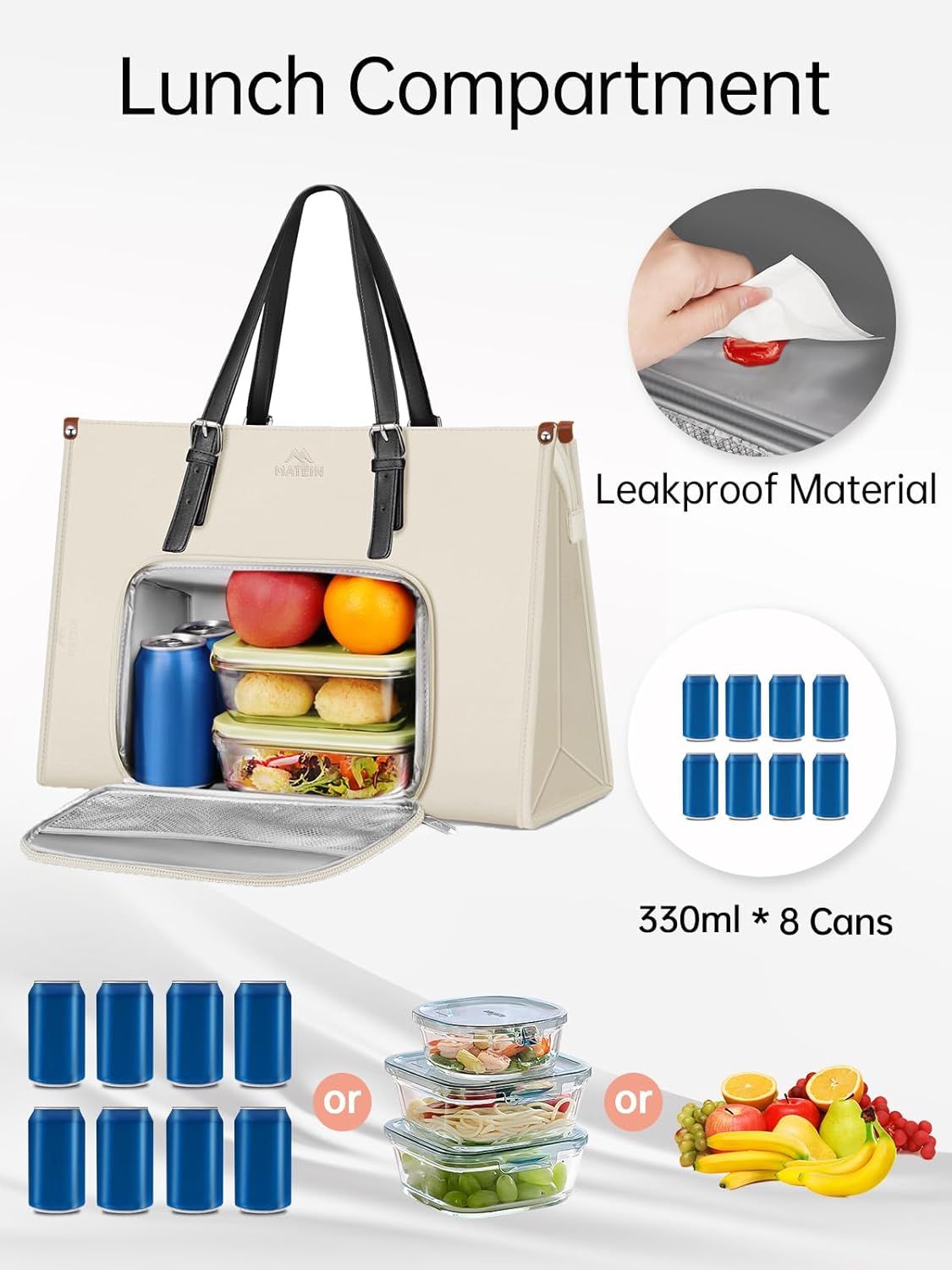Tote Bag with Lunch Box Compartment, White Brown