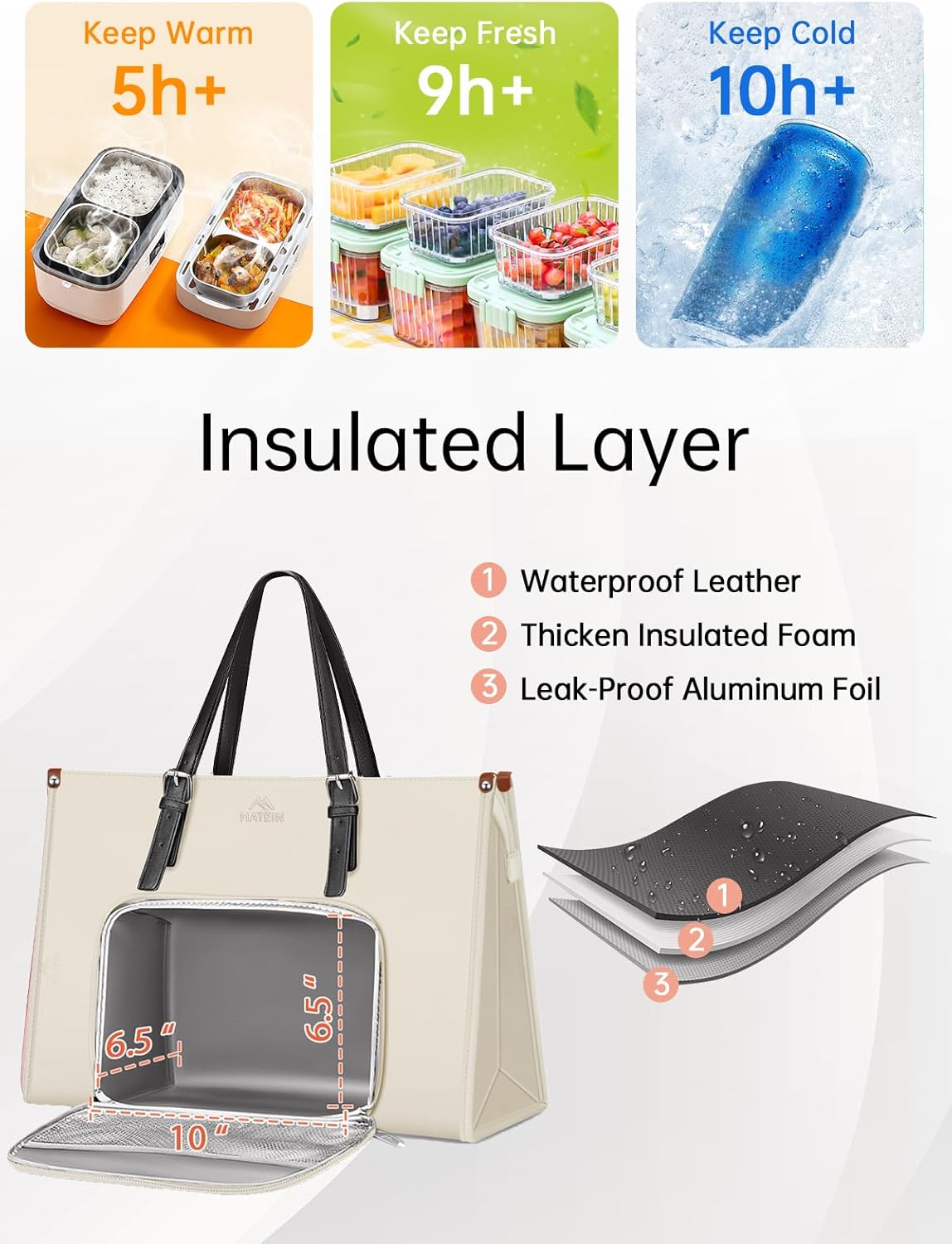 Tote Bag with Lunch Box Compartment, White Brown