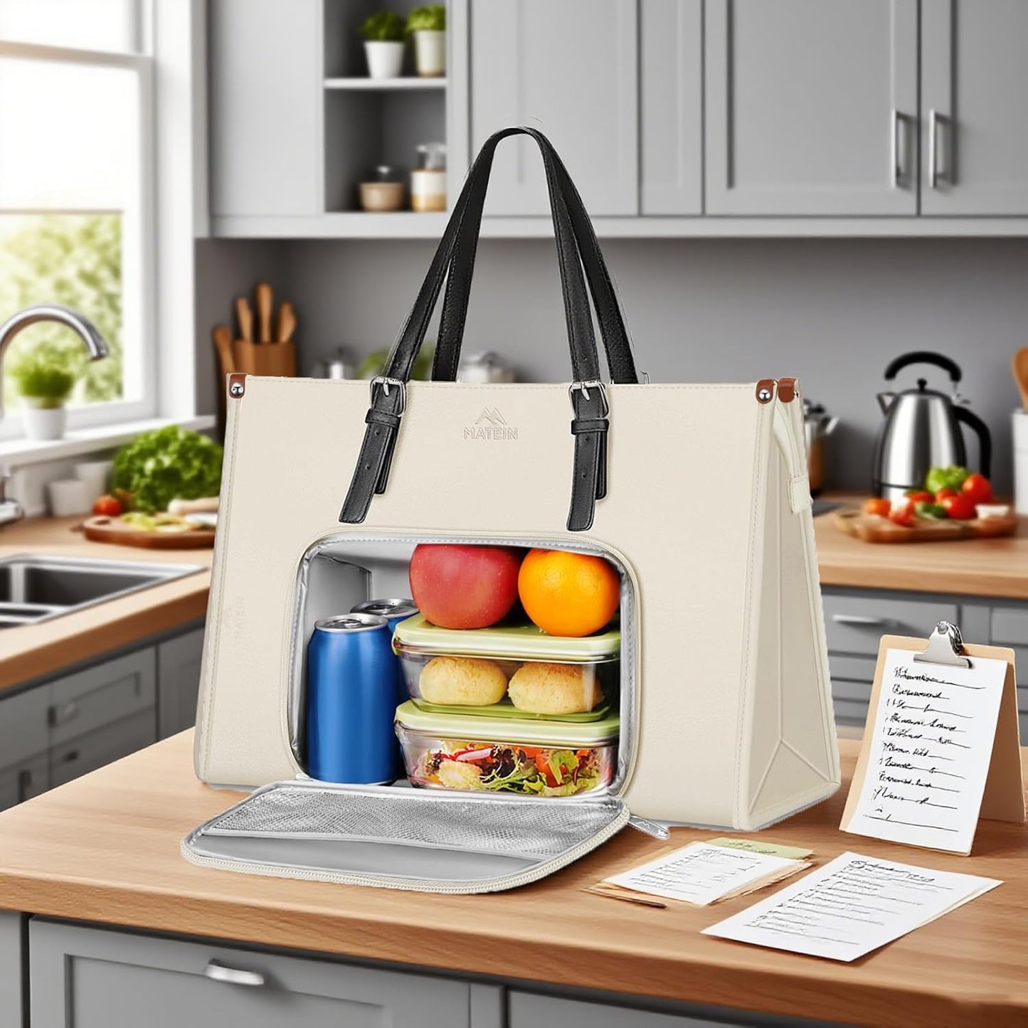 Tote Bag with Lunch Box Compartment, White Brown