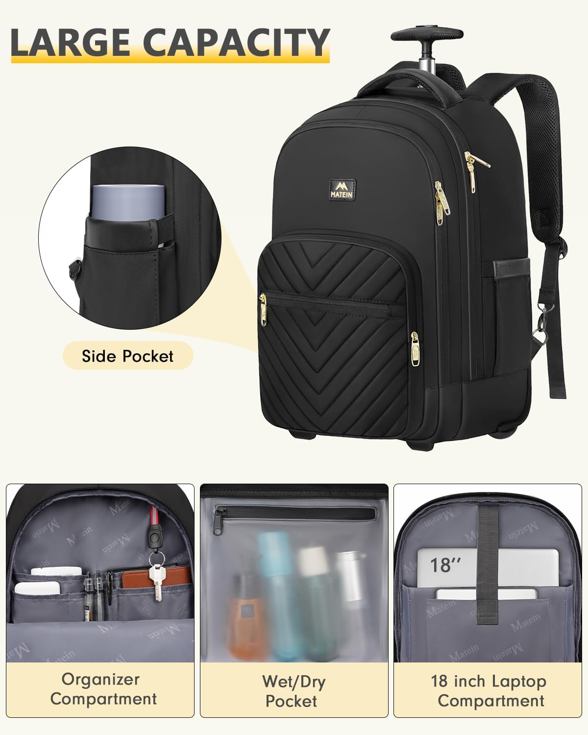 18 inch rolling laptop backpack MATEIN Carry On Backpack with Wheels