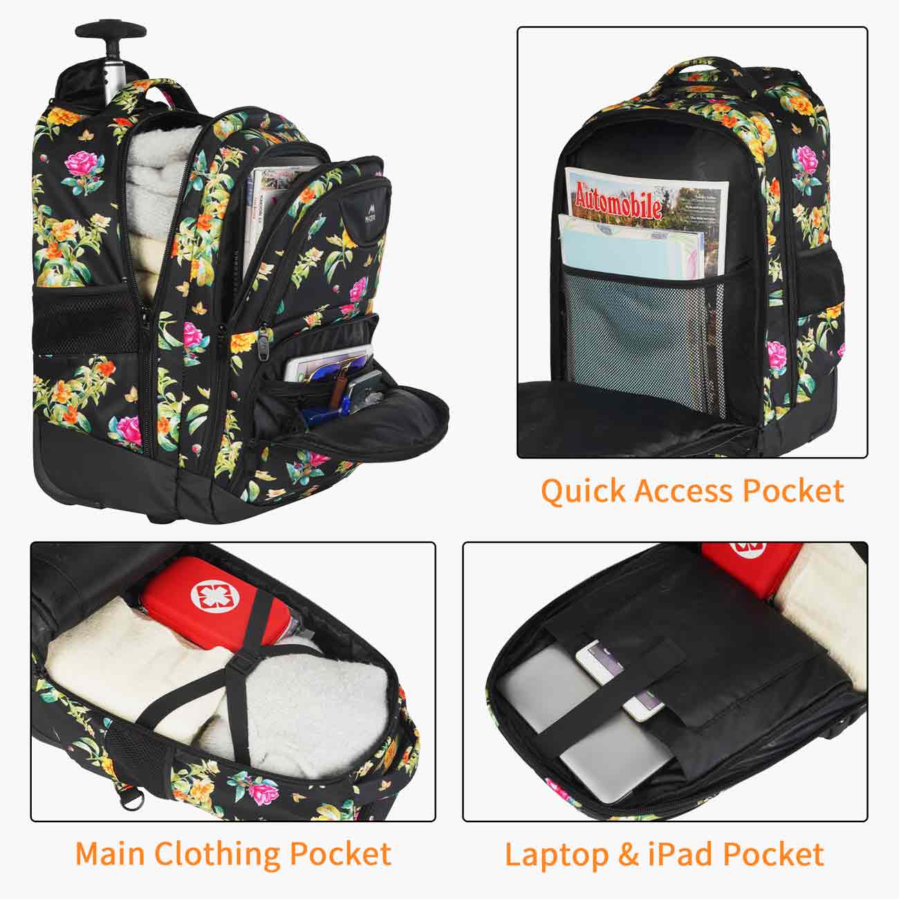Matein Floral Wheeled Rolling Backpack-rolling laptop backpack