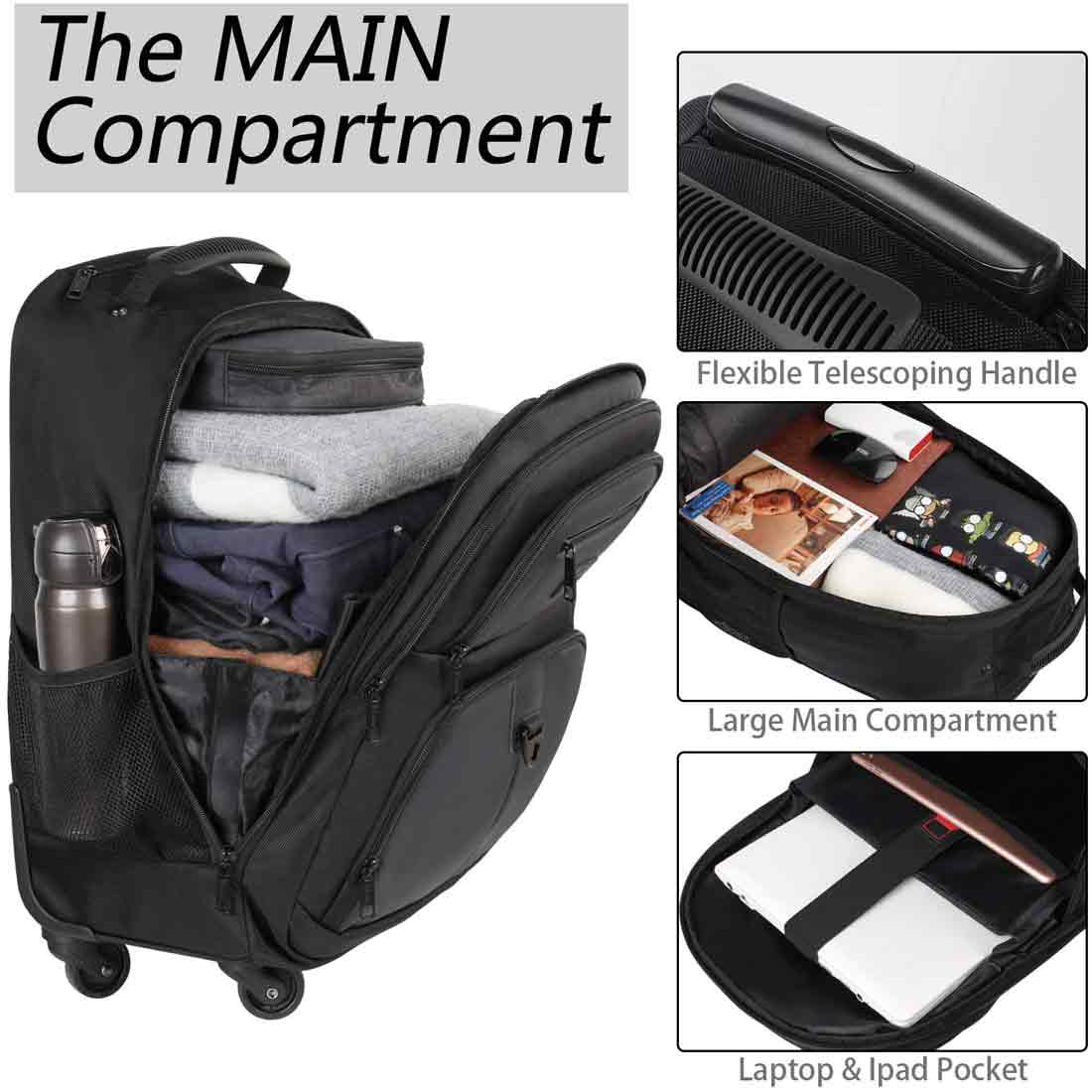 2pole-handle laptop backpack with large wheels backpack-style 4 Wheels Rolling Backpack for School and Travel