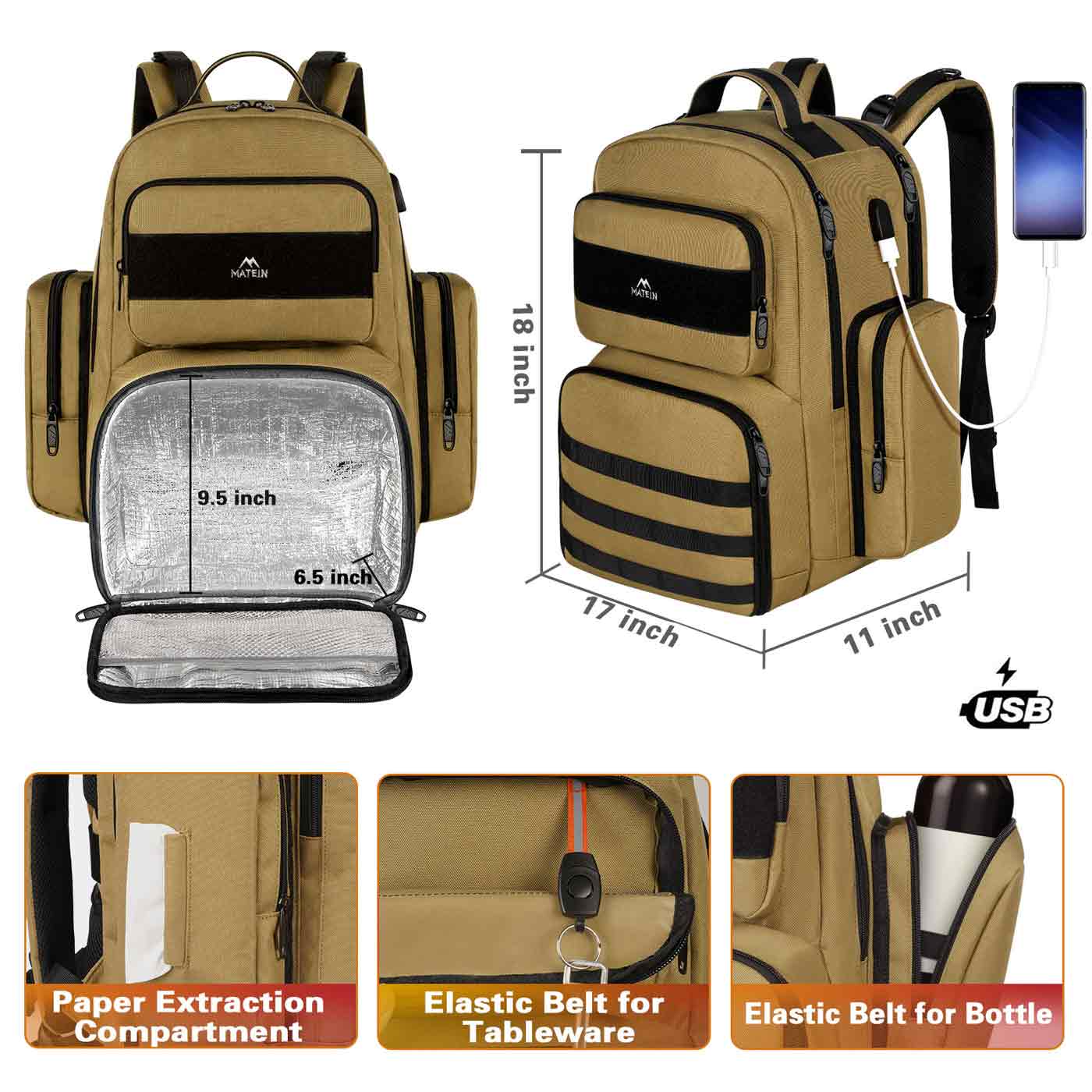 Matein heavy duty backpack with lunch box - lunch backpack