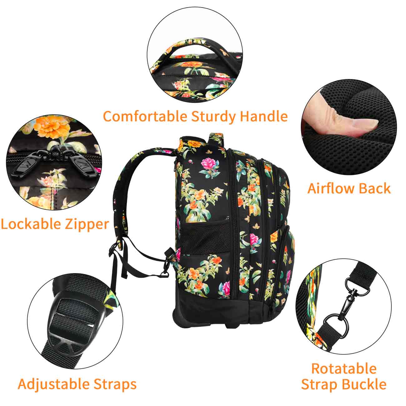 Matein Floral Wheeled Rolling Backpack-rolling laptop backpack