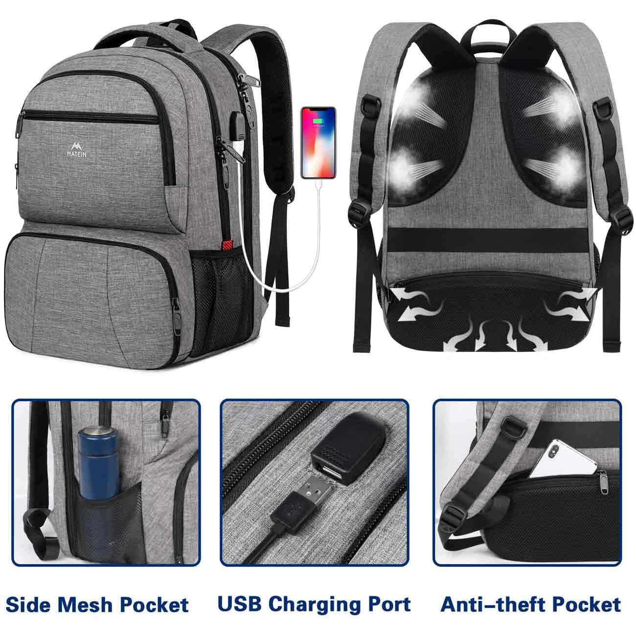 Matein Gray Lunch Backpack for Adults